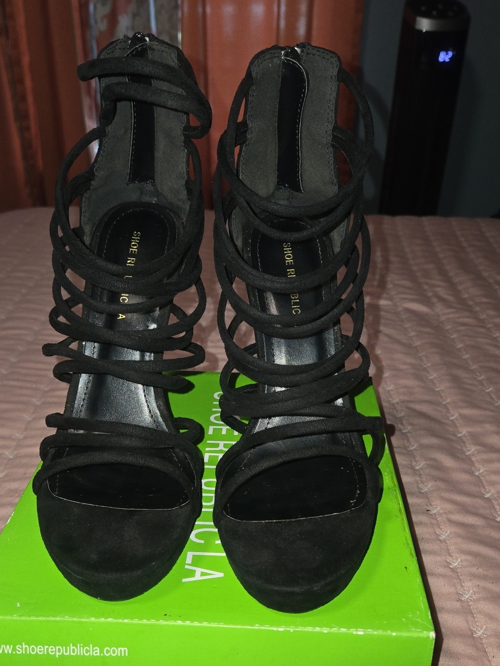 Shoe Republic LA Black Strappy Suede Gladiator Stiletto Heels